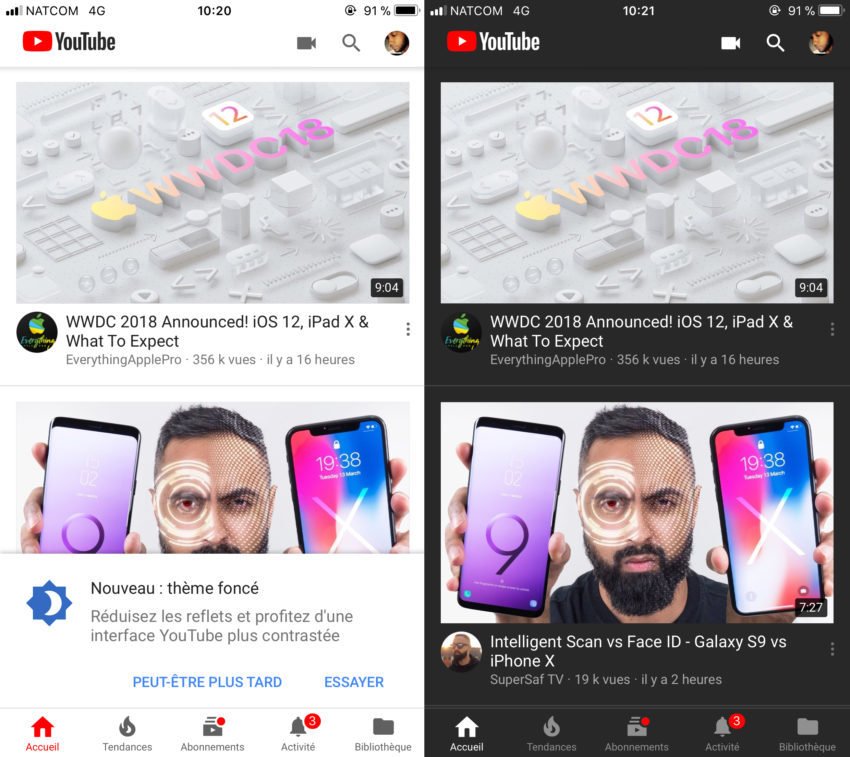 mode nuit sur YouTube