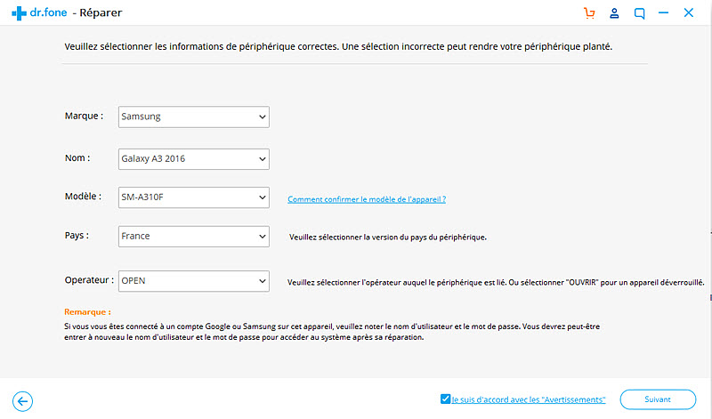 Wondershare dr.fone saisir les informations pour la réparation