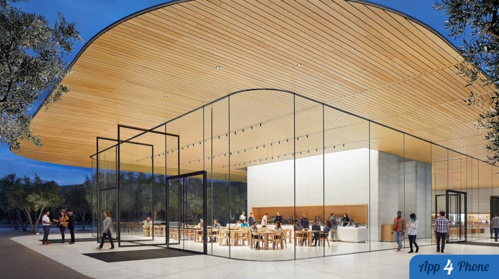 Façade vitrée de l’Apple Park Visitor Center au crépuscule