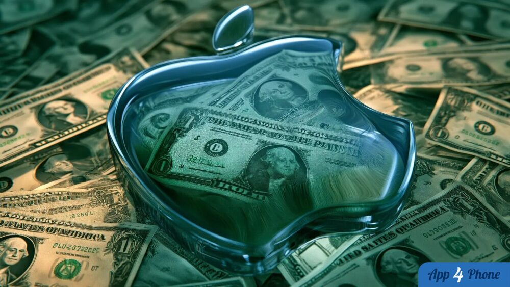 Logo Apple translucide sur des billets de dollars