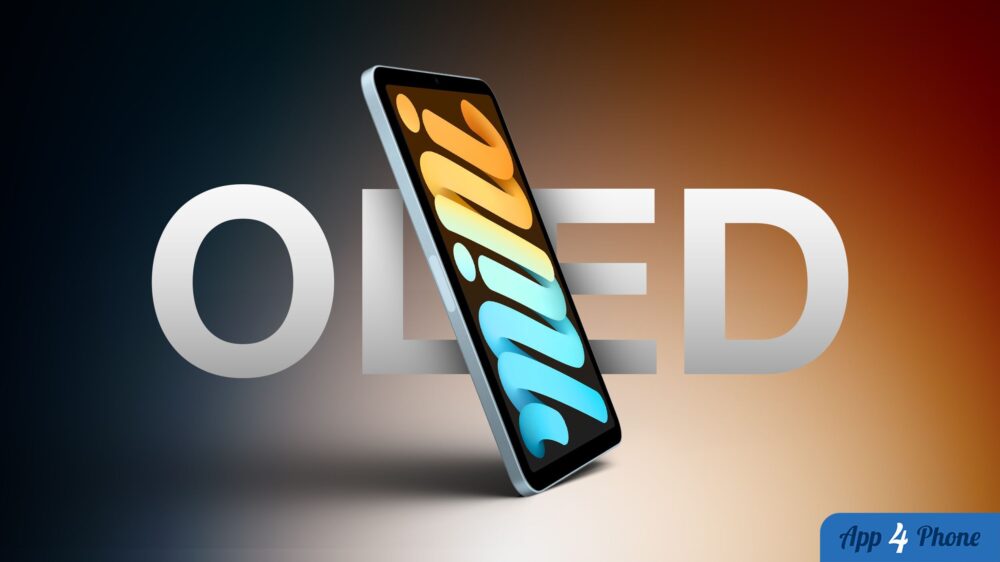 Rendu d’un iPad mini OLED incliné sur fond dégradé