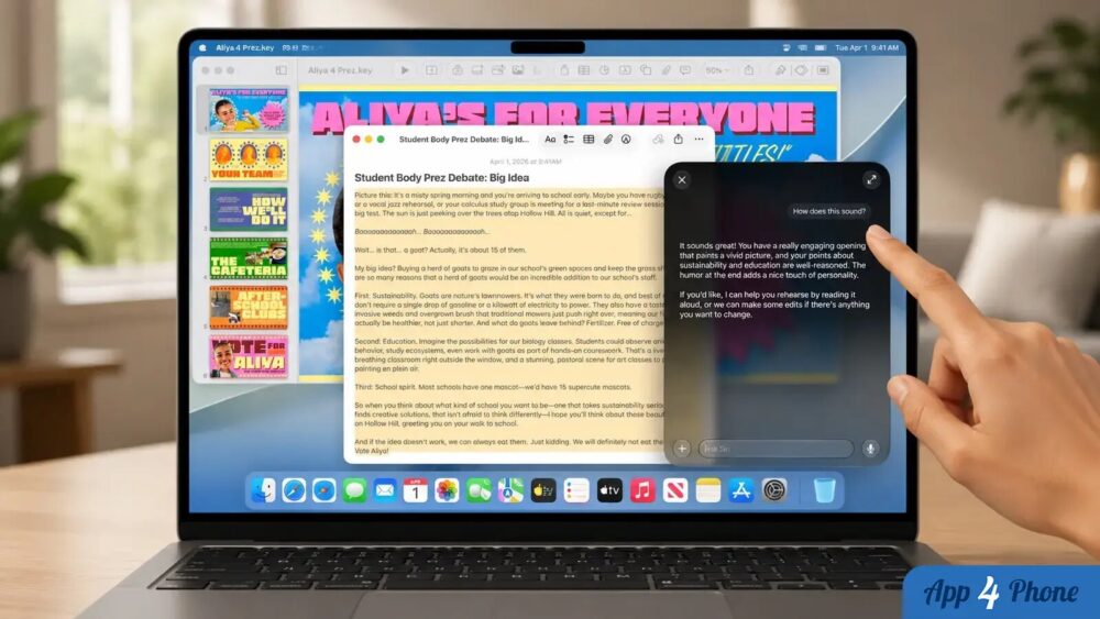 MacBook tactile affichant une présentation et Siri