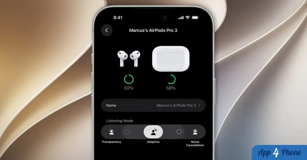 Capture d’écran des réglages AirPods Pro avec mode adaptatif