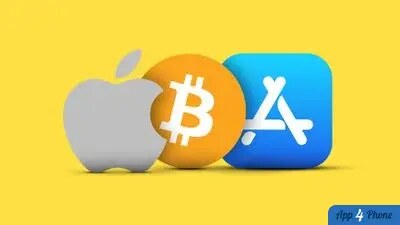 Logo Apple, Bitcoin et App Store sur fond jaune