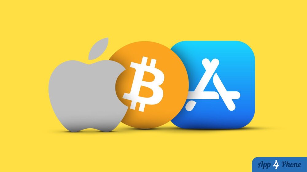 Logo Apple, Bitcoin et App Store sur fond jaune