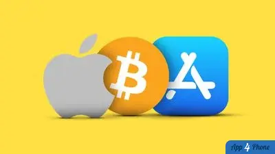 Logo Apple, Bitcoin et App Store sur fond jaune