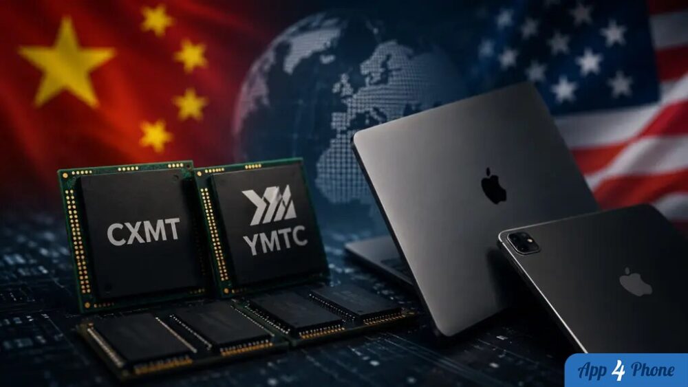 Puces mémoire chinoises et appareils Apple sur fond de drapeaux