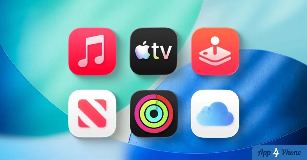 Icônes des services Apple sur fond bleu et vert