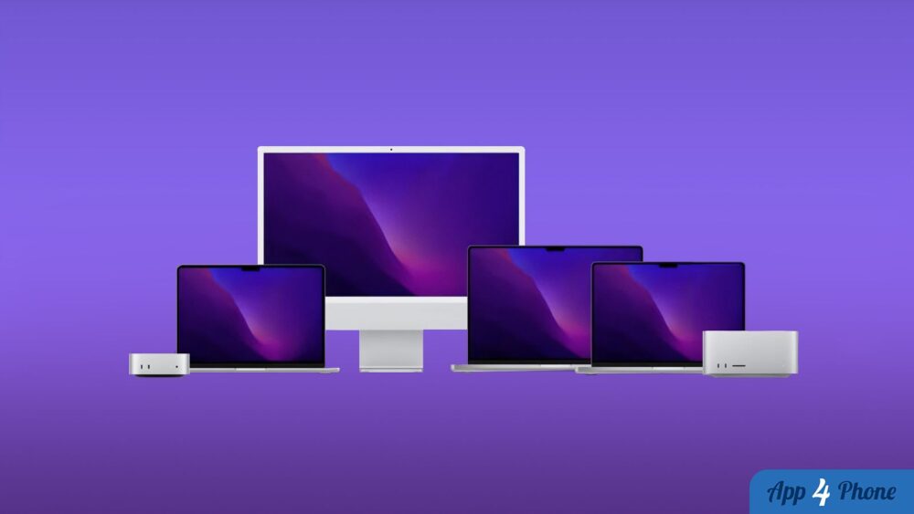 Gamme de Mac Apple sur fond violet
