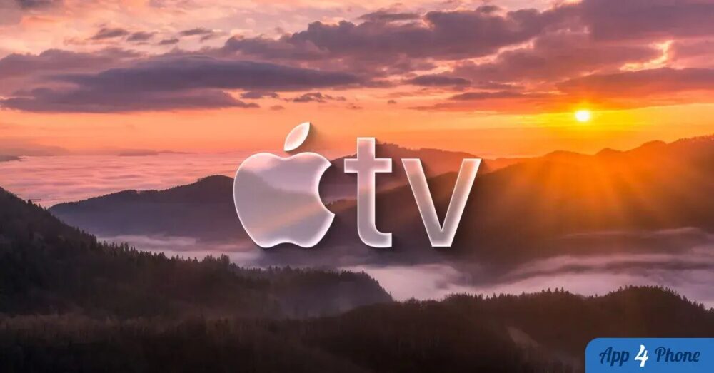 Logo Apple TV sur paysage au coucher du soleil