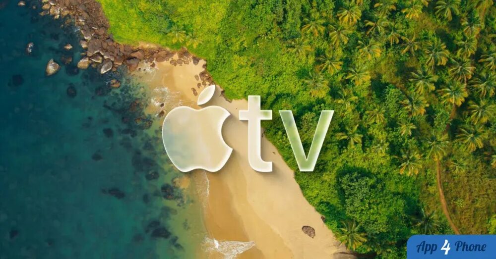 Logo Apple TV sur une plage tropicale vue du ciel