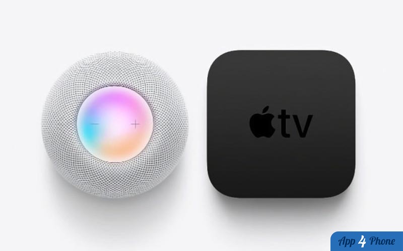 HomePod mini et Apple TV 4K sur fond blanc