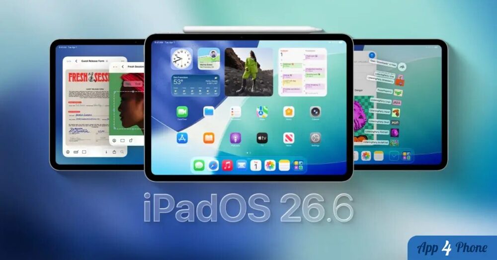 Trois iPad affichant l’écran d’accueil d’iPadOS 26.6