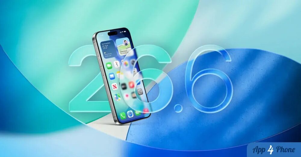 iPhone affichant l’écran d’accueil avec le visuel iOS 26.6