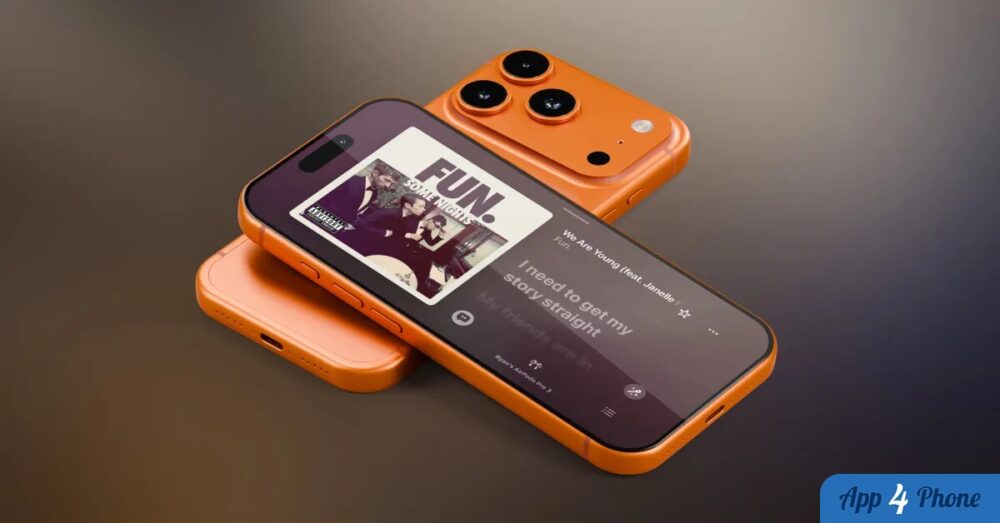 Rendu de deux iPhone orange, dont un affiche une interface musicale