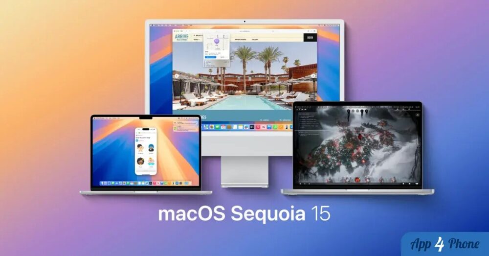 Visuel promotionnel de macOS Sequoia 15 sur plusieurs Mac