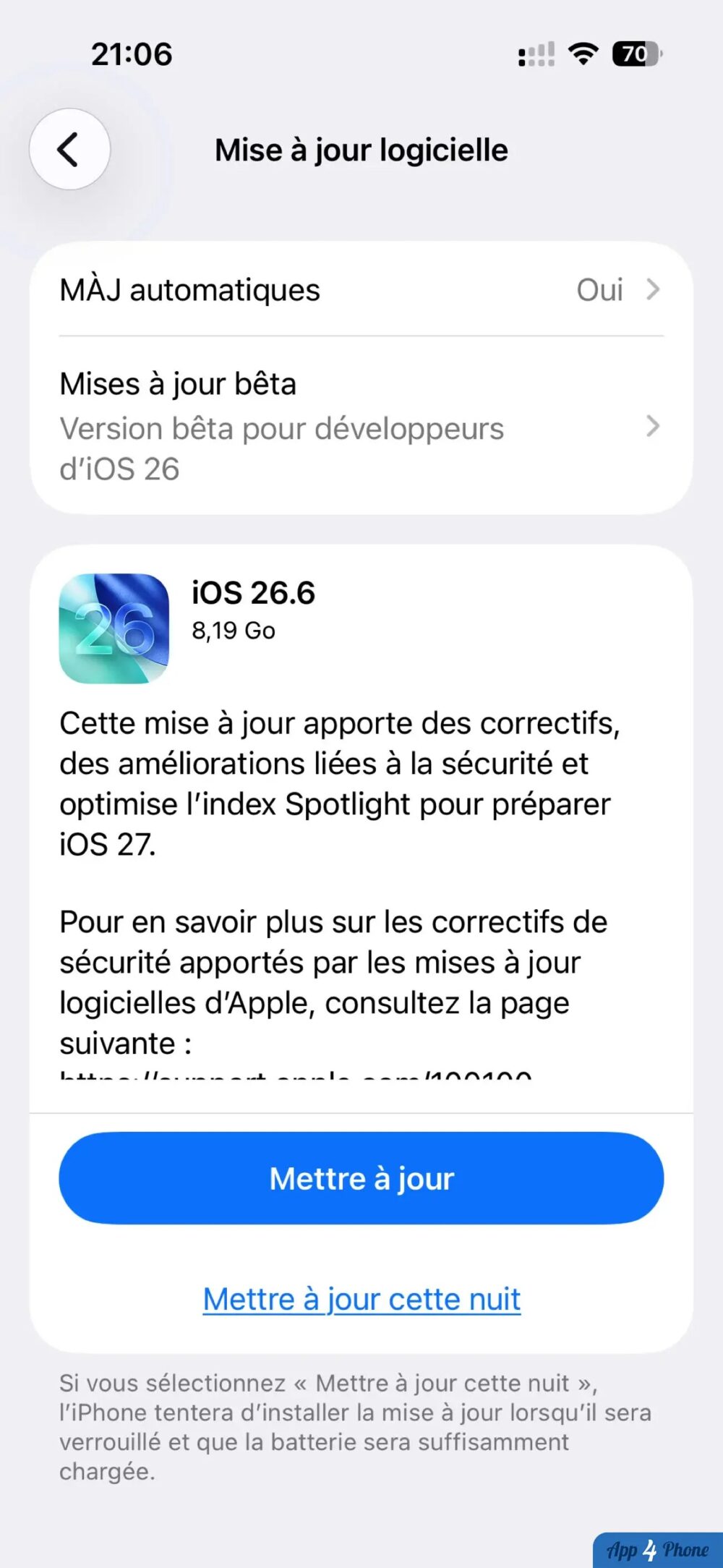 Écran de mise à jour iOS 26.6 sur iPhone