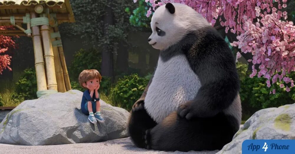 Petit garçon assis face à un panda géant dans un jardin zen