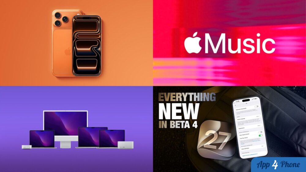 Montage Apple avec iPhone, Apple Music, Mac et iOS 27 beta
