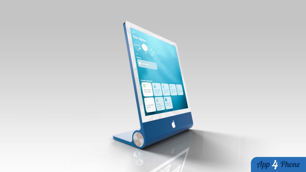 Rendu conceptuel d’un hub domestique Apple affichant des commandes domotiques