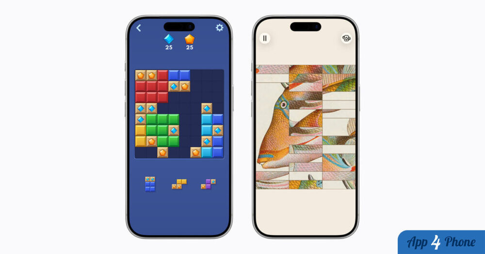 Deux iPhone affichent les jeux Block Blast+ et Art of Fauna