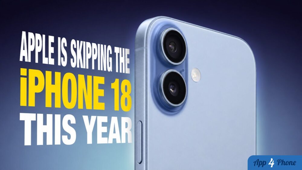 Rendu d’un iPhone 18 bleu accompagné du titre sur son lancement reporté