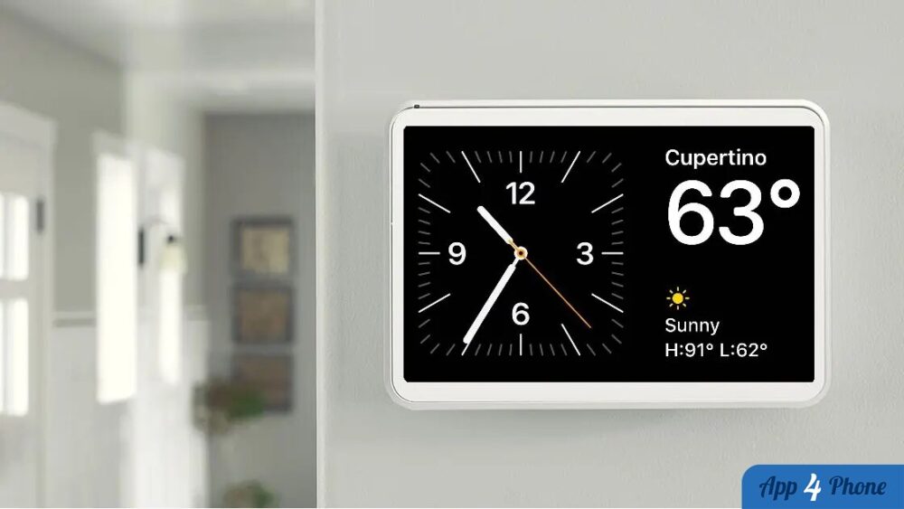Rendu d’un écran connecté affichant horloge et météo
