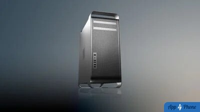 Tour Mac Pro en aluminium photographiée sur fond dégradé