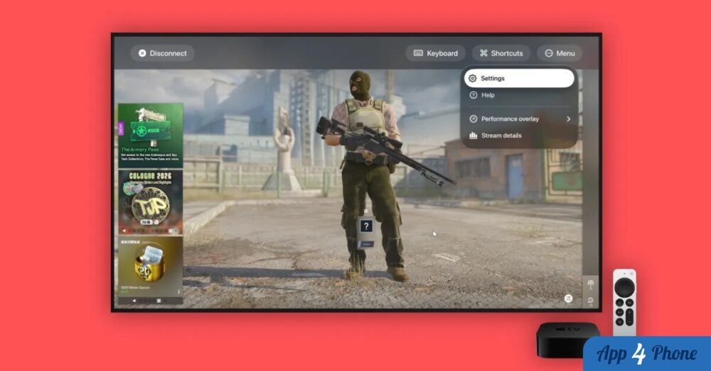 Application de jeu en nuage affichée sur Apple TV avec télécommande
