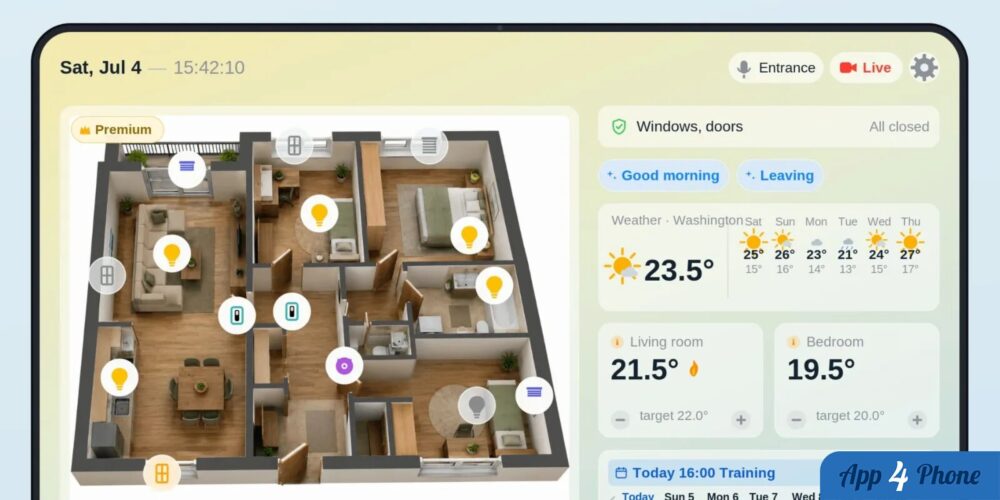 Application de maison connectée montrant plan et températures