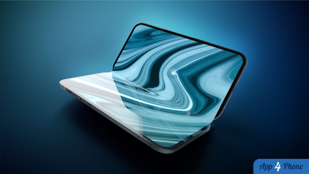 Smartphone pliable ouvert affichant un fond d’écran bleu abstrait