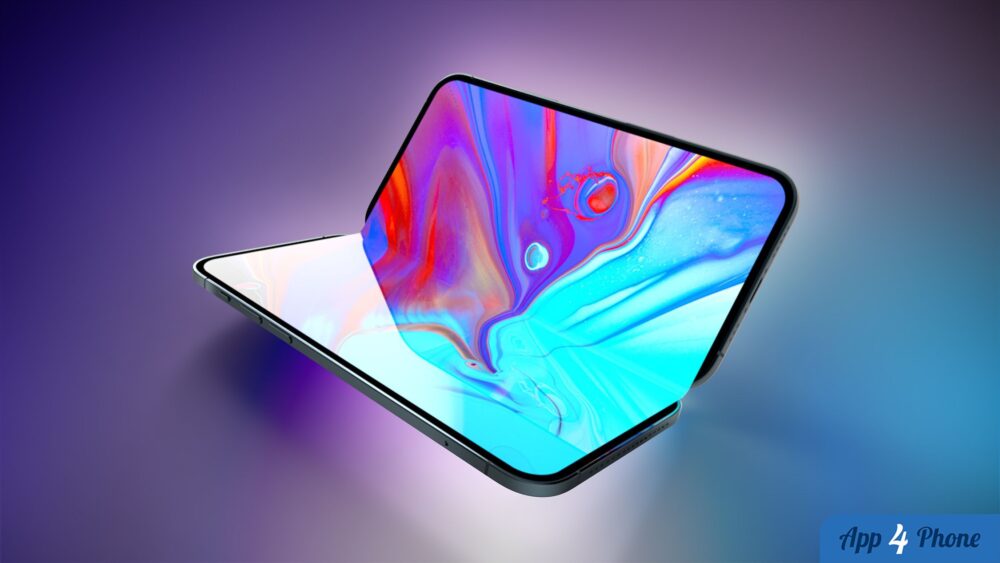 Rendu d’un iPhone pliable ouvert avec écran coloré