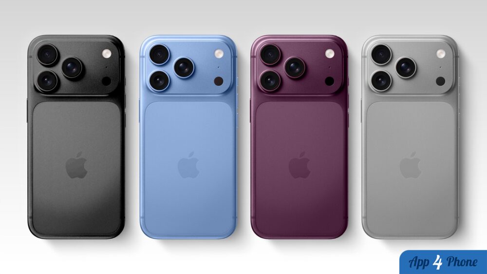 Quatre iPhone Pro présentés de dos dans différentes couleurs