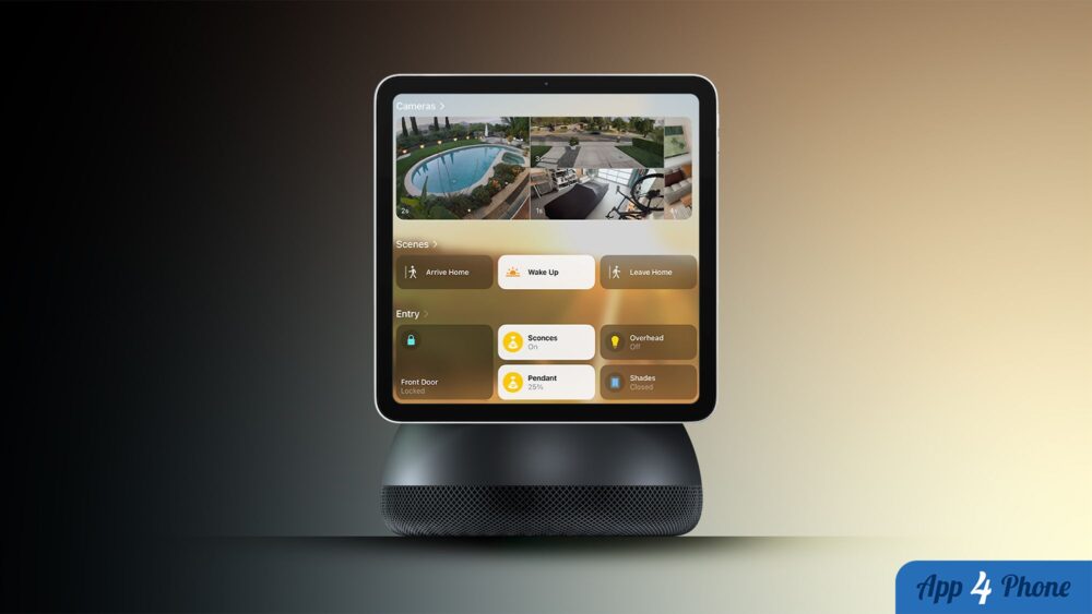 Rendu d’un écran domestique Apple contrôlant les équipements connectés
