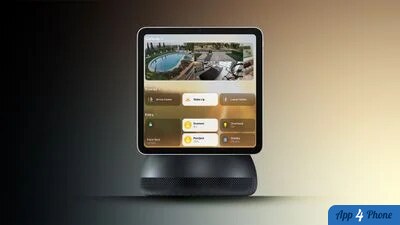 Rendu d’un écran domestique Apple posé sur une enceinte