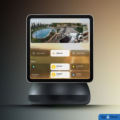Rendu conceptuel d’un hub domestique Apple avec écran de contrôle