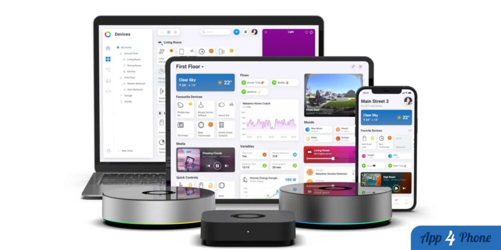 Gamme de hubs Homey avec interfaces domotiques sur différents écrans