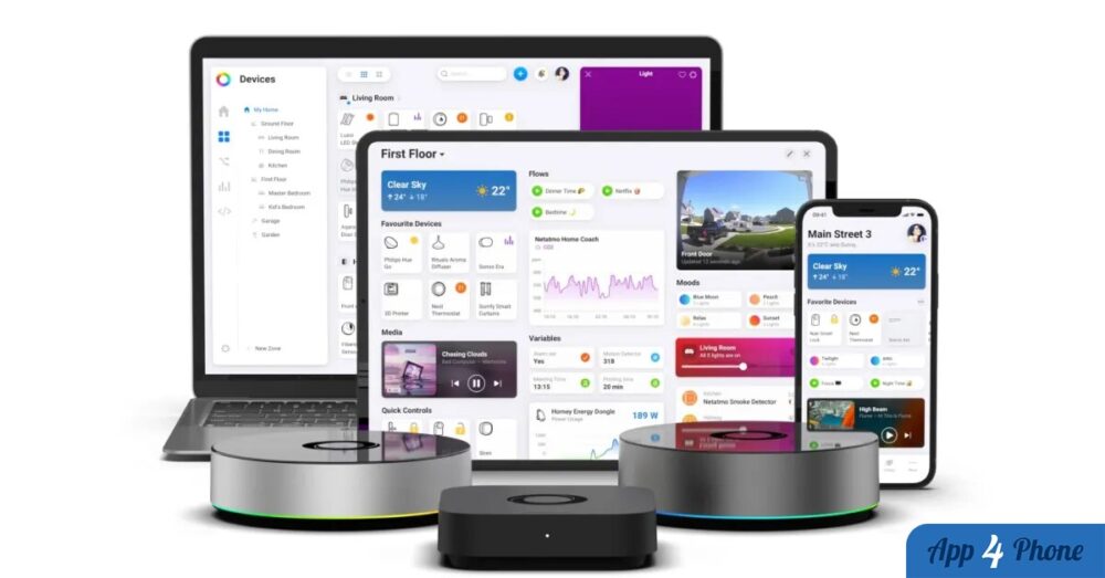 Produits Homey et applications domotiques affichés sur plusieurs appareils