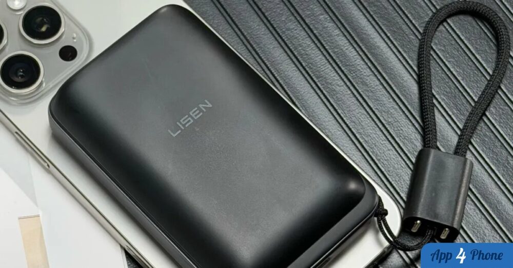 Batterie MagSafe LISEN posée sur un iPhone avec câble intégré