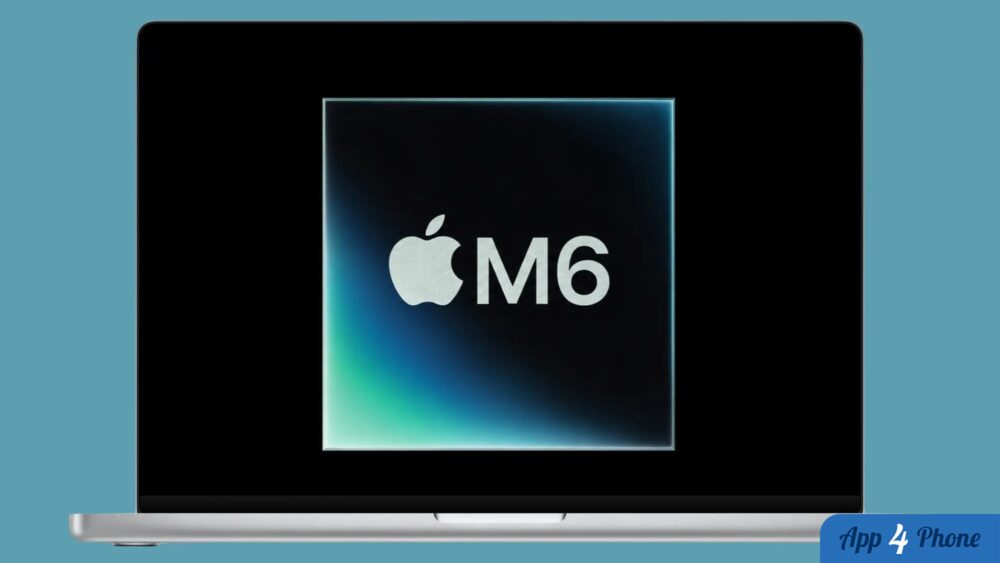 Ordinateur portable affichant le logo Apple M6 sur écran noir