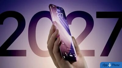 Rendu d’un iPhone conceptuel 2027 affichant un écran sans bordures