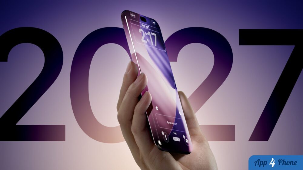 Concept d’iPhone 2027 tenu en main, avec écran aux bords incurvés
