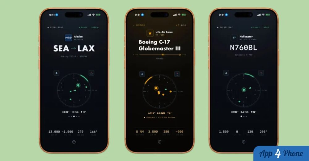 Trois écrans iPhone affichant des informations détaillées sur des avions en vol