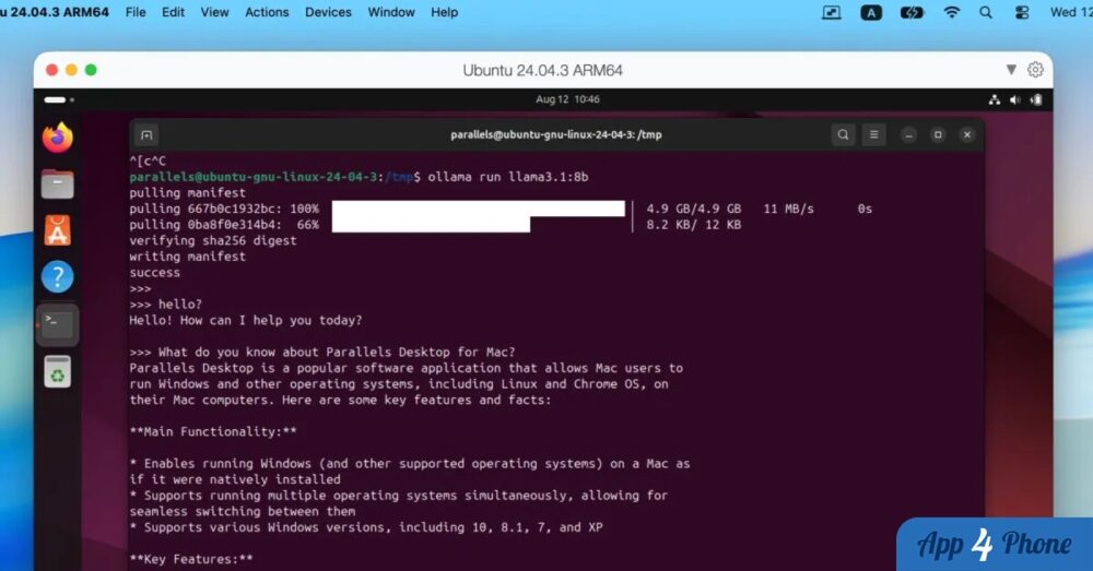 Terminal Ubuntu dans une machine virtuelle Parallels exécutant un modèle d’IA local