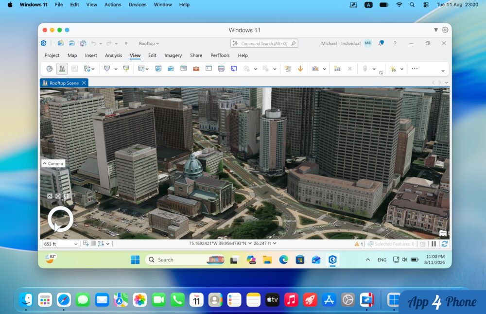 Windows 11 virtualisé sur Mac exécutant une application de cartographie 3D