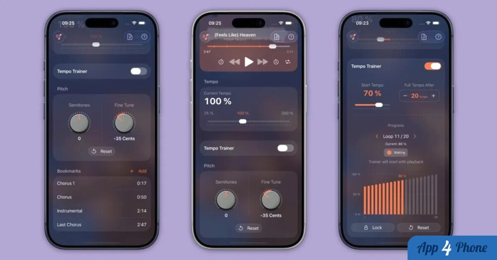 Trois écrans iPhone montrent les outils d’apprentissage musical de Pocket Jam