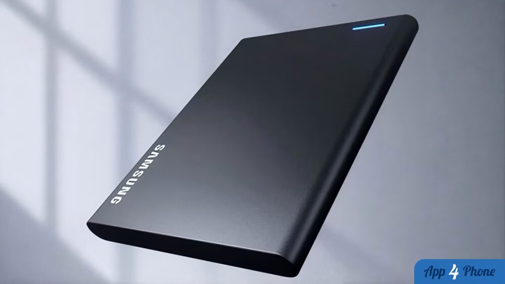 SSD portable Samsung noir avec voyant bleu allumé