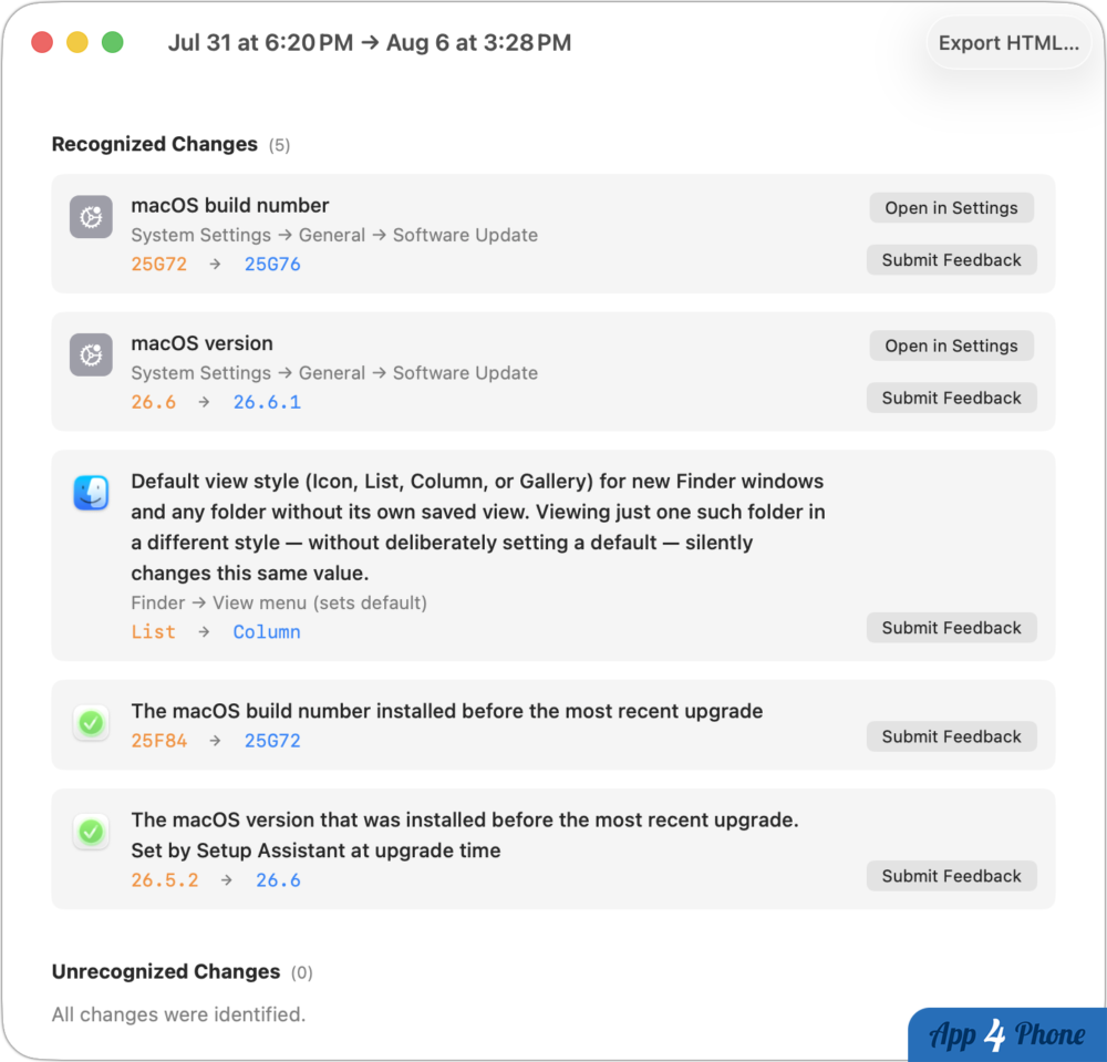 Comparaison SetShot montrant les changements reconnus entre deux instantanés macOS.