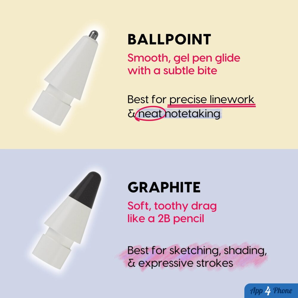 Infographie comparant les embouts graphite et bille du stylet