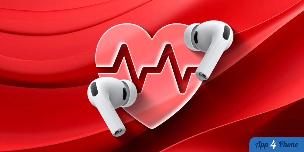 AirPods Pro blancs devant une illustration de rythme cardiaque rouge